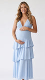 Sky Blue Tiered Ruffle Backless Maternity Maxi Gown — "It's a Boy" Baby Shower Dress