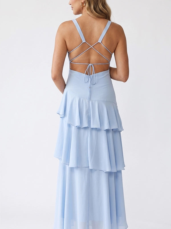 Sky Blue Tiered Ruffle Backless Maternity Maxi Gown — "It's a Boy" Baby Shower Dress