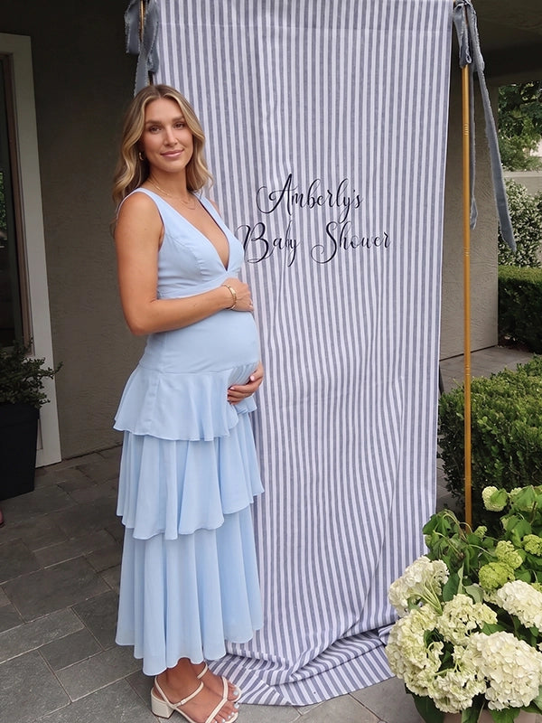 Sky Blue Tiered Ruffle Backless Maternity Maxi Gown — "It's a Boy" Baby Shower Dress