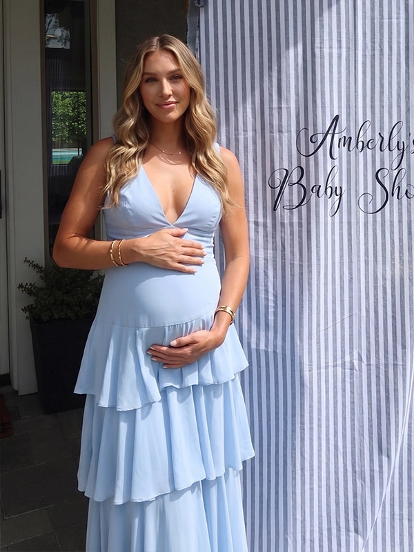Sky Blue Tiered Ruffle Backless Maternity Maxi Gown — "It's a Boy" Baby Shower Dress