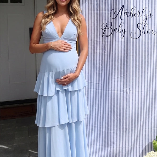 Sky Blue Tiered Ruffle Backless Maternity Maxi Gown — "It's a Boy" Baby Shower Dress