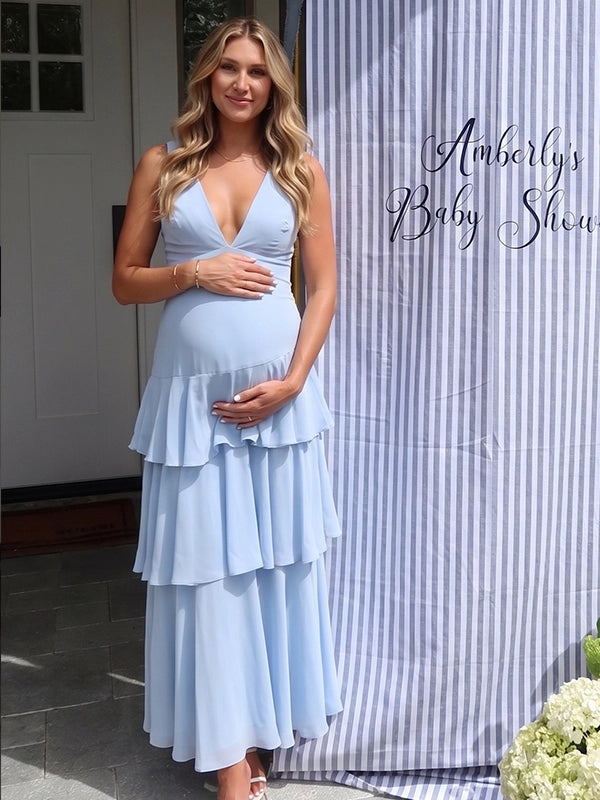 Sky Blue Tiered Ruffle Backless Maternity Maxi Gown — "It's a Boy" Baby Shower Dress