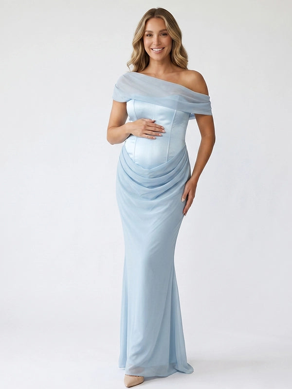 Sky Blue One Shoulder Corset Mesh Ruched Maternity Maxi Gown