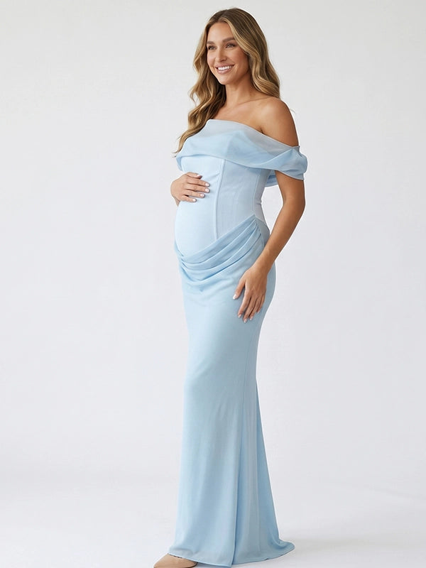 Sky Blue One Shoulder Corset Mesh Ruched Maternity Maxi Gown