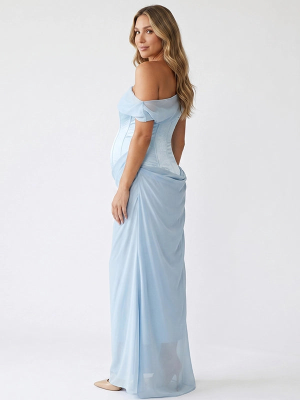 Sky Blue One Shoulder Corset Mesh Ruched Maternity Maxi Gown