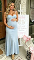 sky blue maternity dress maxi sleeveless cross back adjustable straps flowy stretch pregnancy dress photoshoot outfit