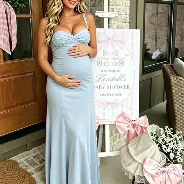 sky blue maternity dress maxi sleeveless cross back adjustable straps flowy stretch pregnancy dress photoshoot outfit