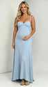 sky blue maternity dress maxi sleeveless cross back adjustable straps flowy stretch pregnancy dress photoshoot outfit