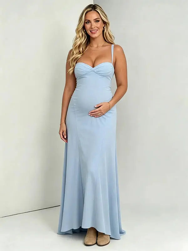 sky blue maternity dress maxi sleeveless cross back adjustable straps flowy stretch pregnancy dress photoshoot outfit