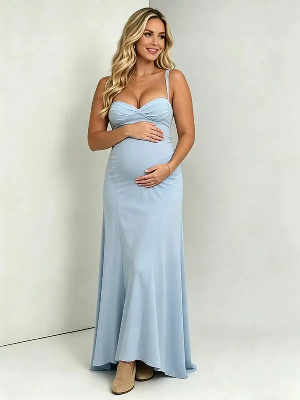 Sky blue maternity maxi dress sleeveless cross back adjustable straps stretch baby shower dress maternity photoshoot gown