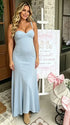 sky blue maternity dress maxi sleeveless cross back adjustable straps flowy stretch pregnancy dress photoshoot outfit