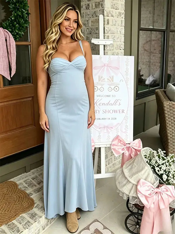 sky blue maternity dress maxi sleeveless cross back adjustable straps flowy stretch pregnancy dress photoshoot outfit