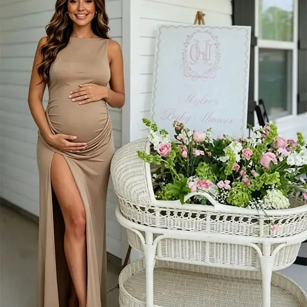 Beige maternity maxi dress -baby shower outfit