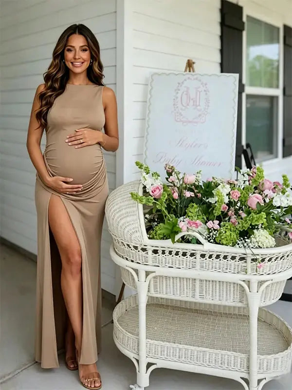 Beige maternity maxi dress -baby shower outfit