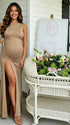 Beige maternity maxi dress -baby shower outfit