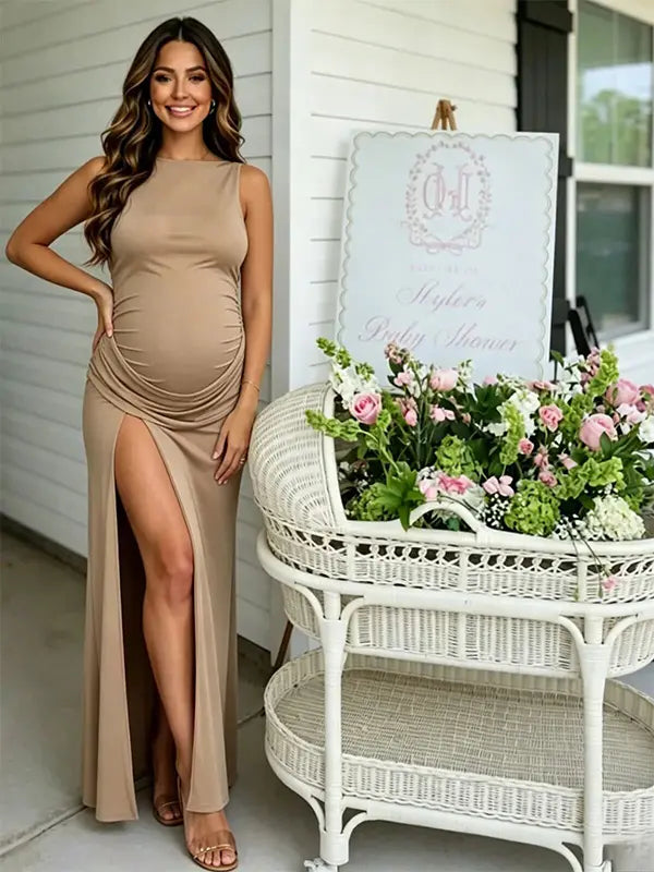 Beige maternity maxi dress -baby shower outfit