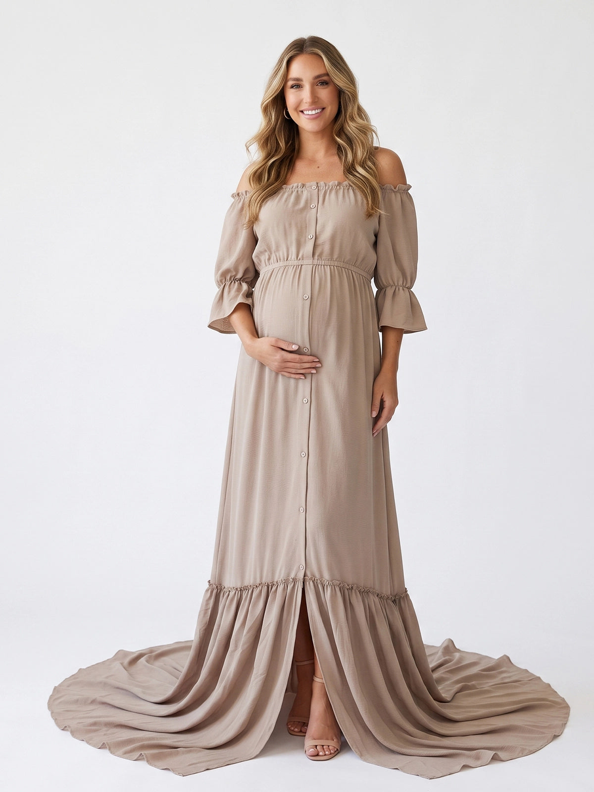 Taupe Boho Open Front Slit Maternity Dress for Photoshoot