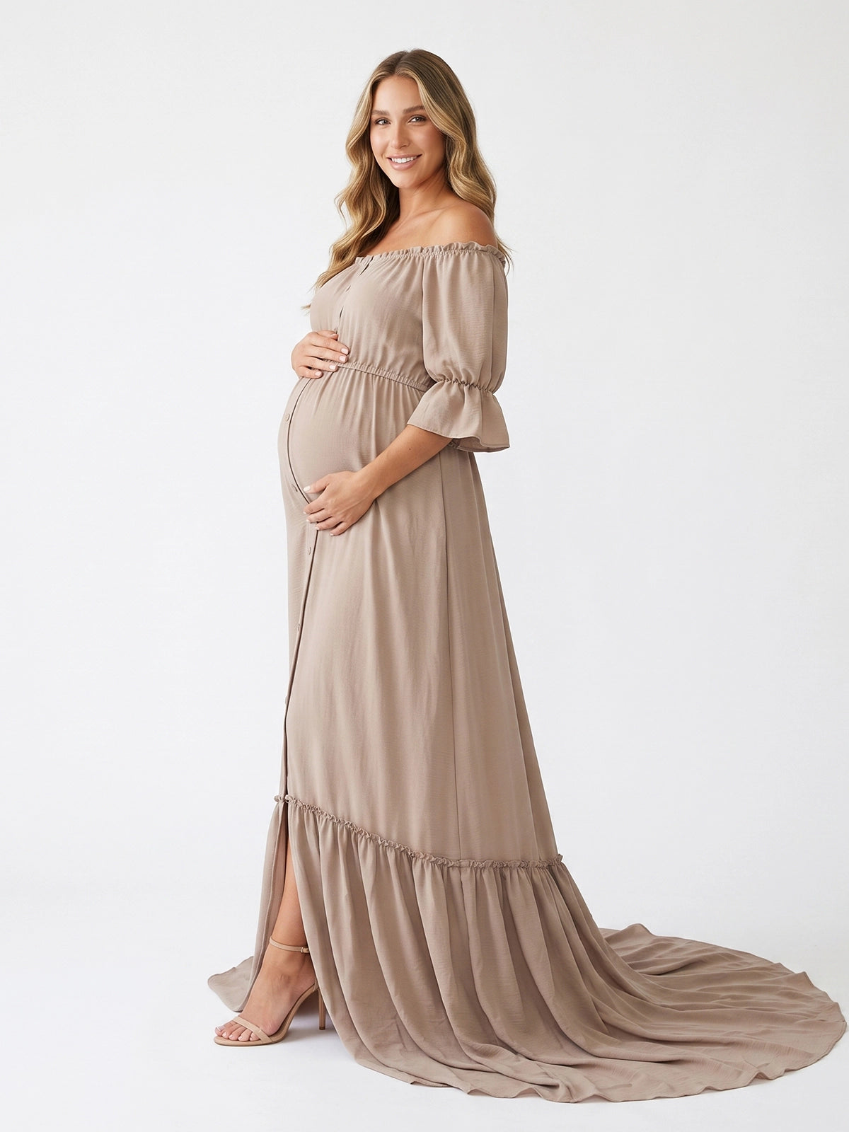 Taupe Boho Open Front Slit Maternity Dress for Photoshoot