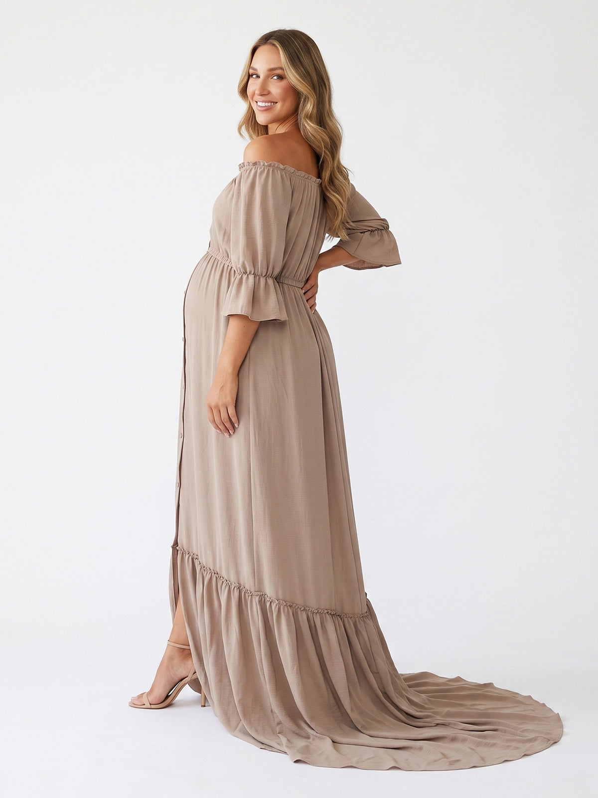 Taupe Boho Open Front Slit Maternity Dress for Photoshoot