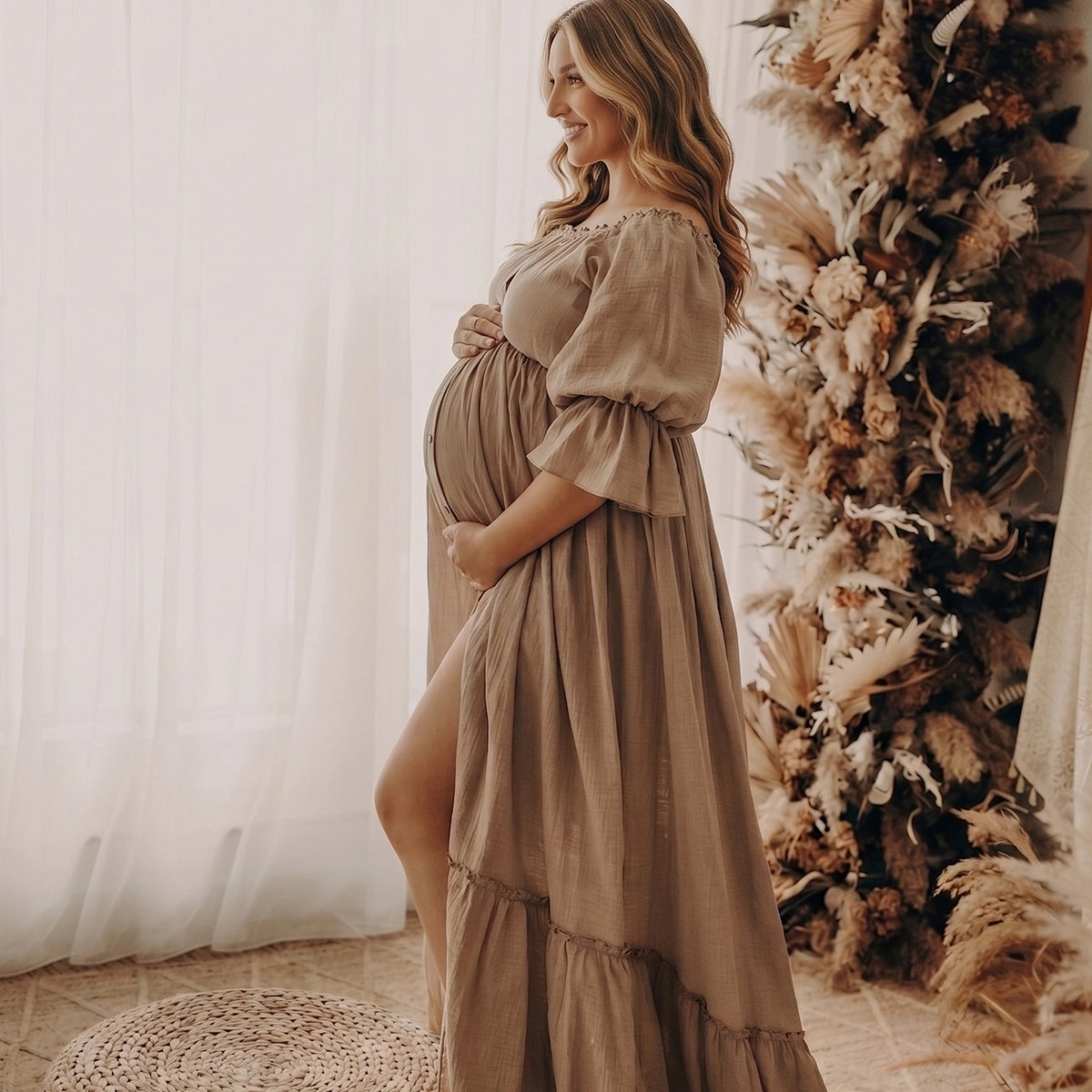 Taupe Boho Open Front Slit Maternity Dress for Photoshoot