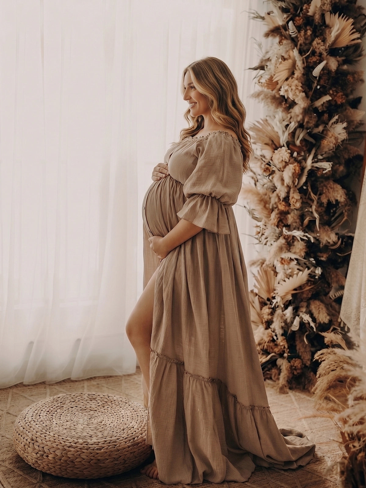 Taupe Boho Open Front Slit Maternity Dress for Photoshoot