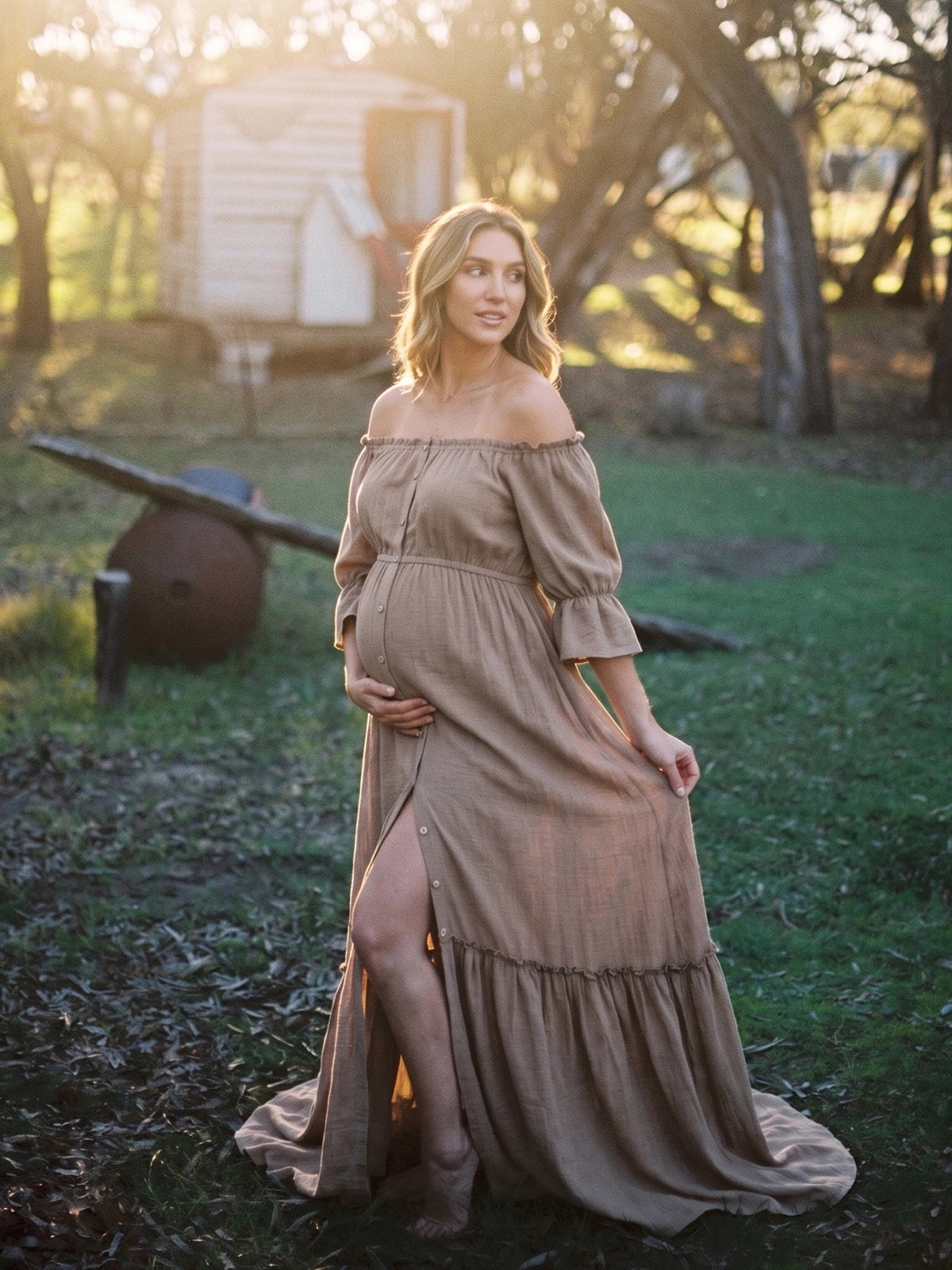 Taupe Boho Open Front Slit Maternity Dress for Photoshoot
