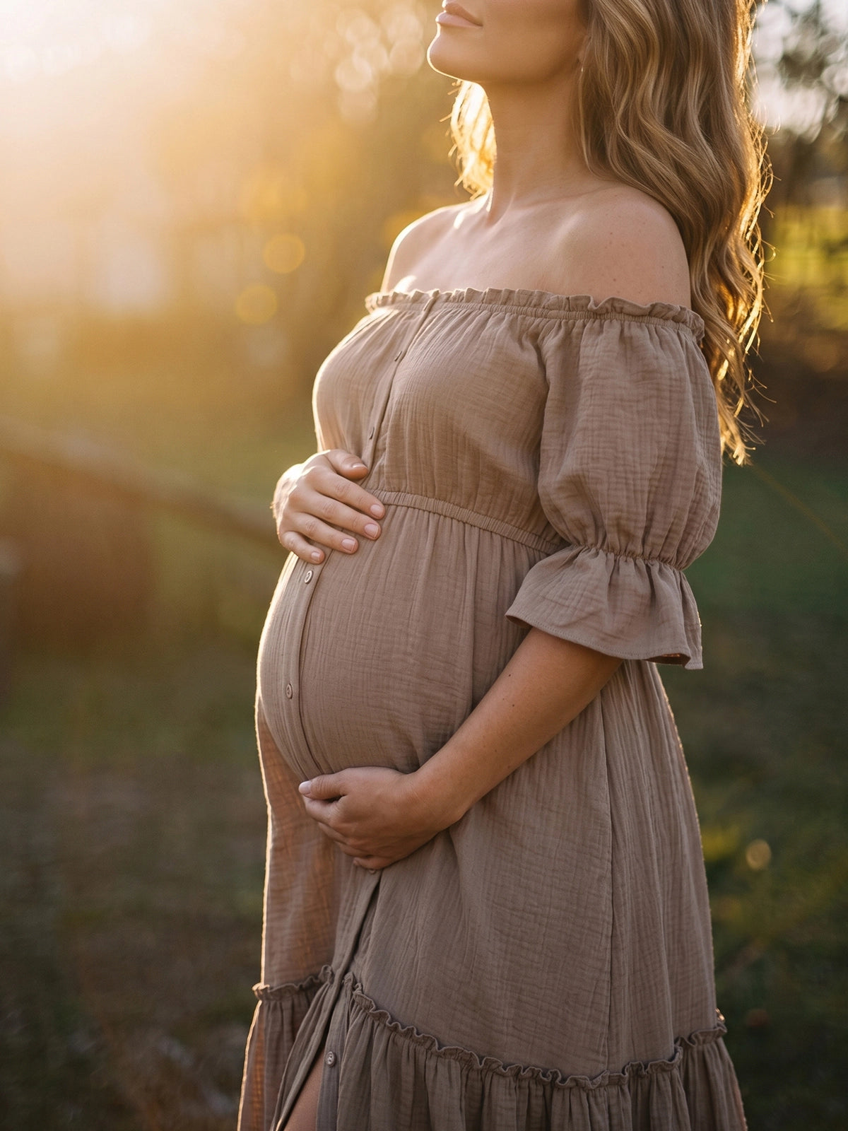 Taupe Boho Open Front Slit Maternity Dress for Photoshoot