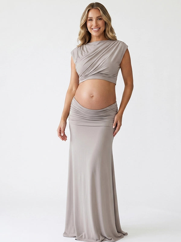 Taupe Mock-Neck Ruched Crop Two Piece Maternity Maxi Gown