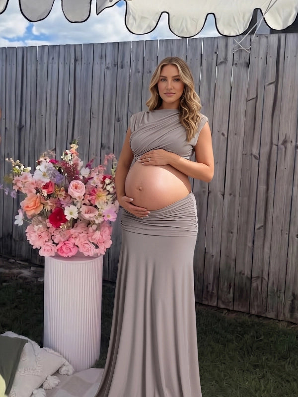 Taupe Mock-Neck Ruched Crop Two Piece Maternity Maxi Gown