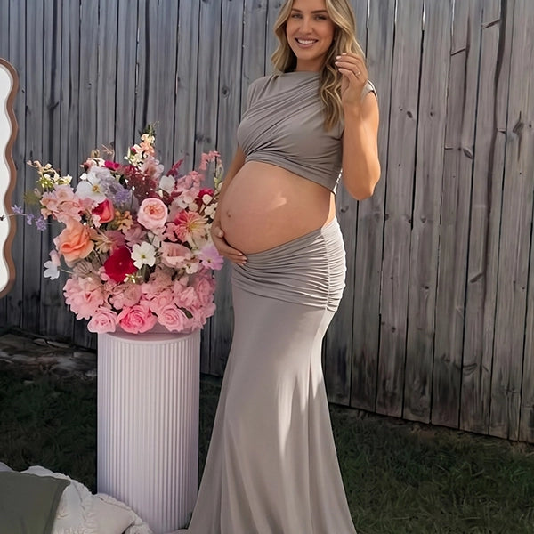 Taupe Mock-Neck Ruched Crop Two Piece Maternity Maxi Gown