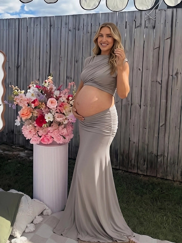 Taupe Mock-Neck Ruched Crop Two Piece Maternity Maxi Gown