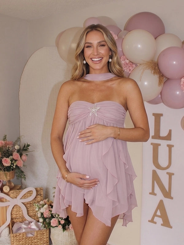 Violet Off Shoulder Ruffled Backless Maternity Mini Dress