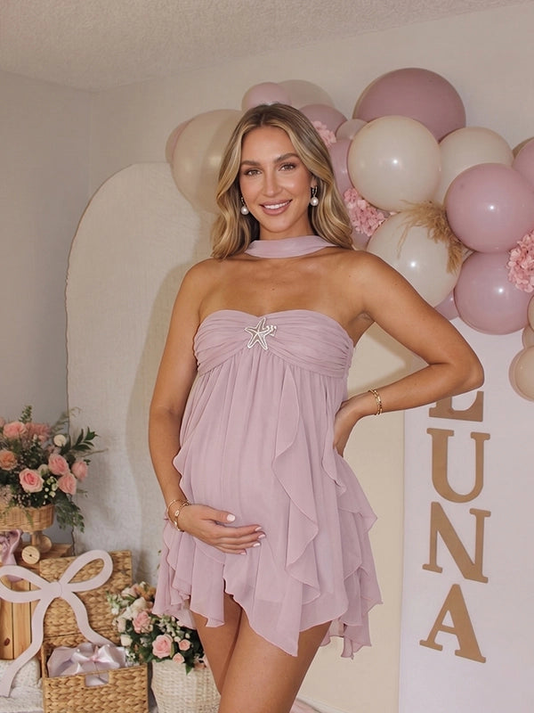 Violet Off Shoulder Ruffled Backless Maternity Mini Dress