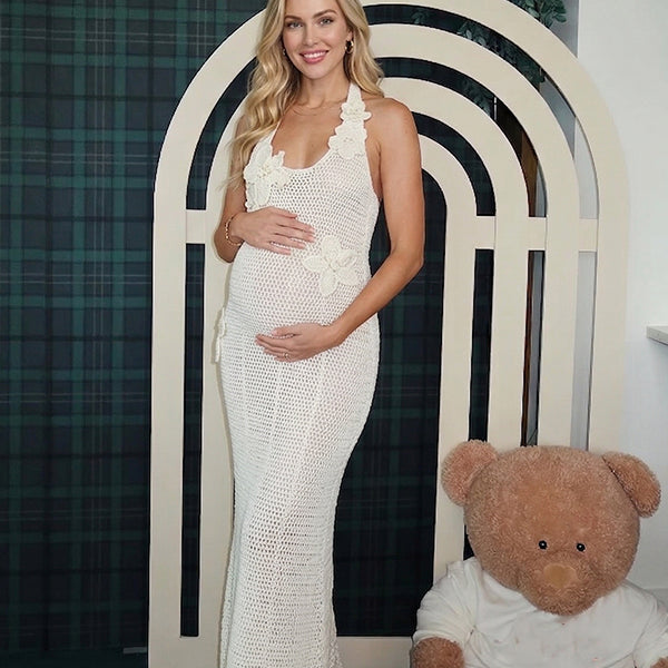 White 3D Floral Crochet Halter Maternity Maxi Dress
