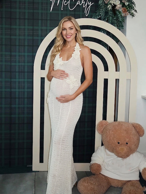 White 3D Floral Crochet Halter Maternity Maxi Dress