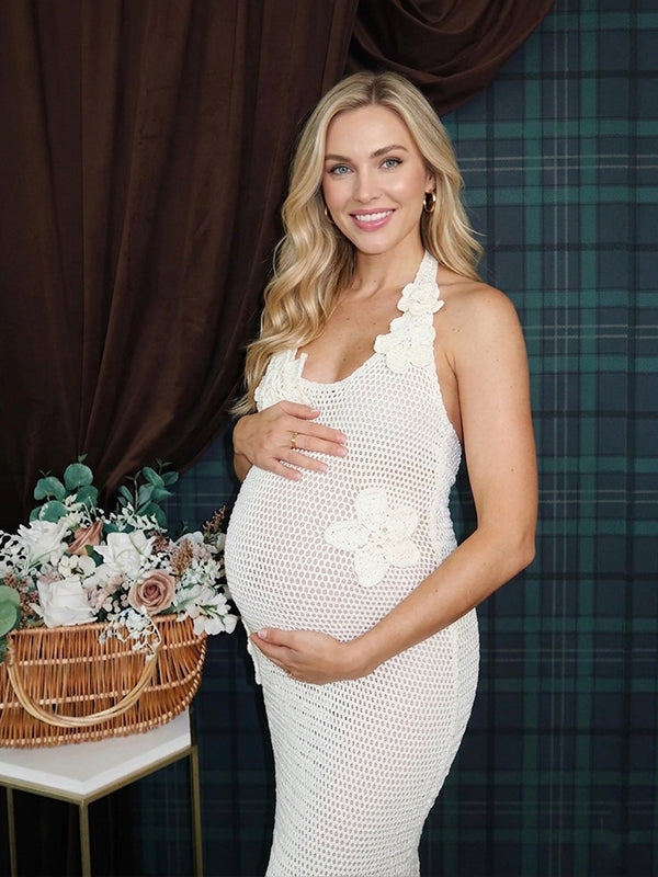 White 3D Floral Crochet Halter Maternity Maxi Dress