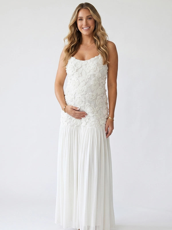 White 3D Floral Rosette Pleated Maternity Maxi Dress