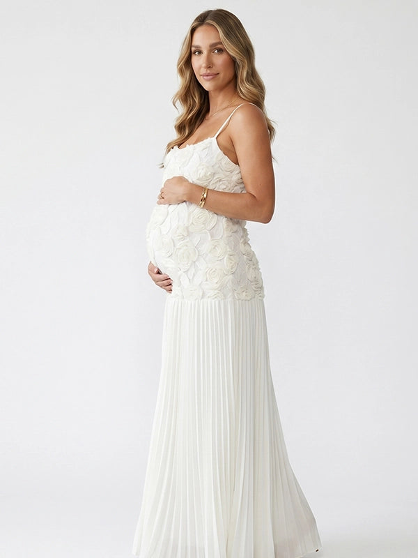 White 3D Floral Rosette Pleated Maternity Maxi Dress