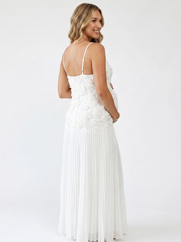 White 3D Floral Rosette Pleated Maternity Maxi Dress