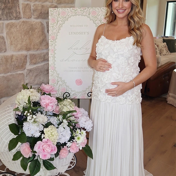 White 3D Floral Rosette Pleated Maternity Maxi Dress