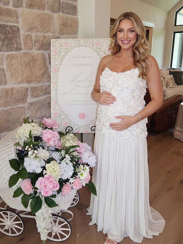 White 3D Floral Rosette Pleated Maternity Maxi Dress