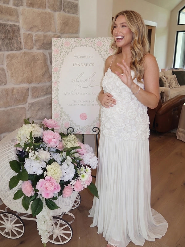 White 3D Floral Rosette Pleated Maternity Maxi Dress