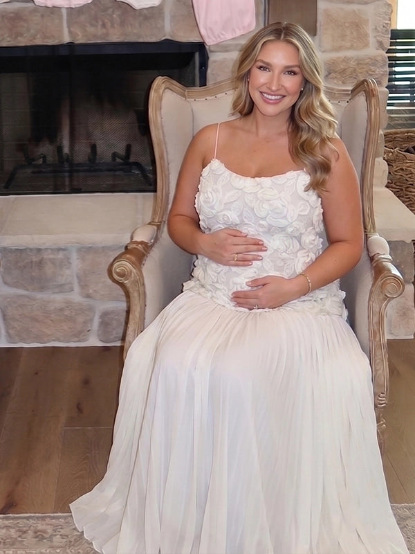White 3D Floral Rosette Pleated Maternity Maxi Dress
