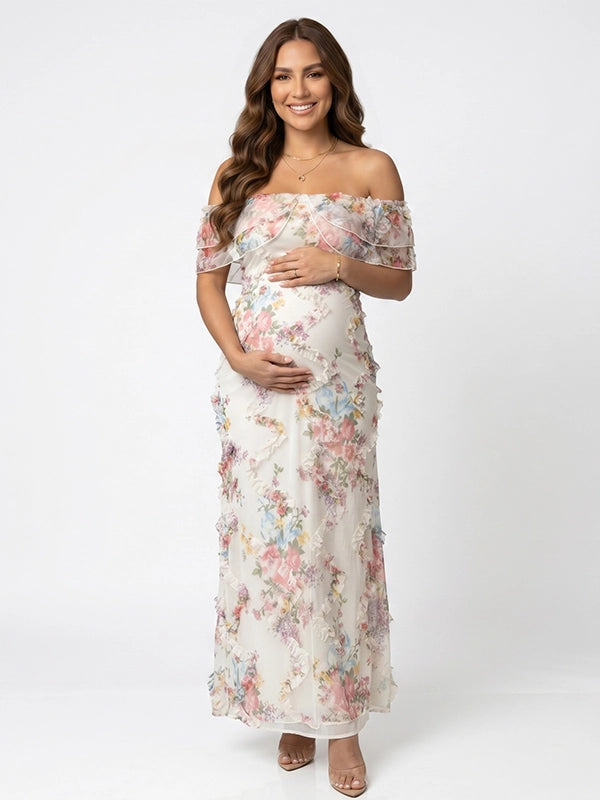 White 3D Floral Ruffled Off Shoulder Maternity Maxi Dress