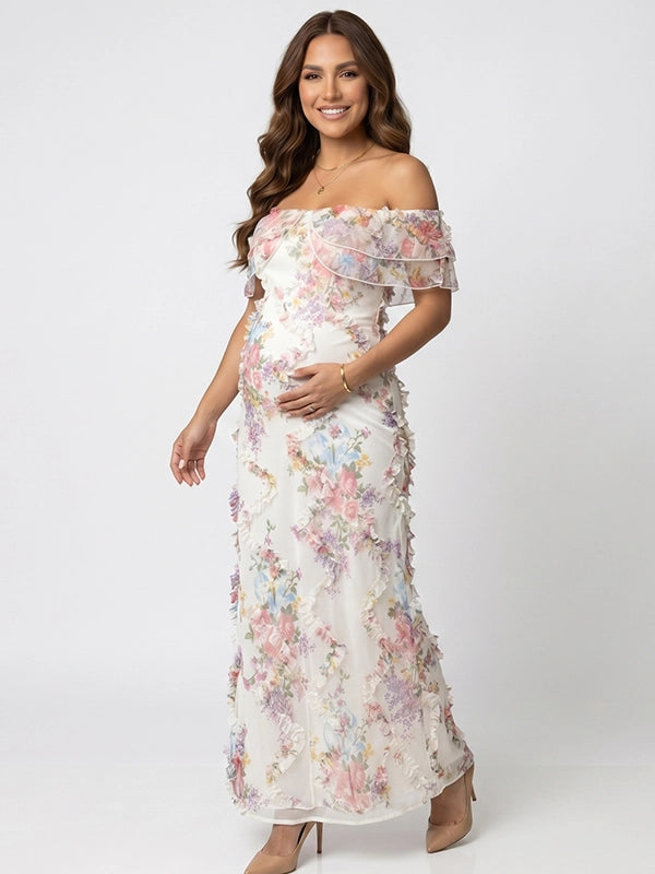 White 3D Floral Ruffled Off Shoulder Maternity Maxi Dress