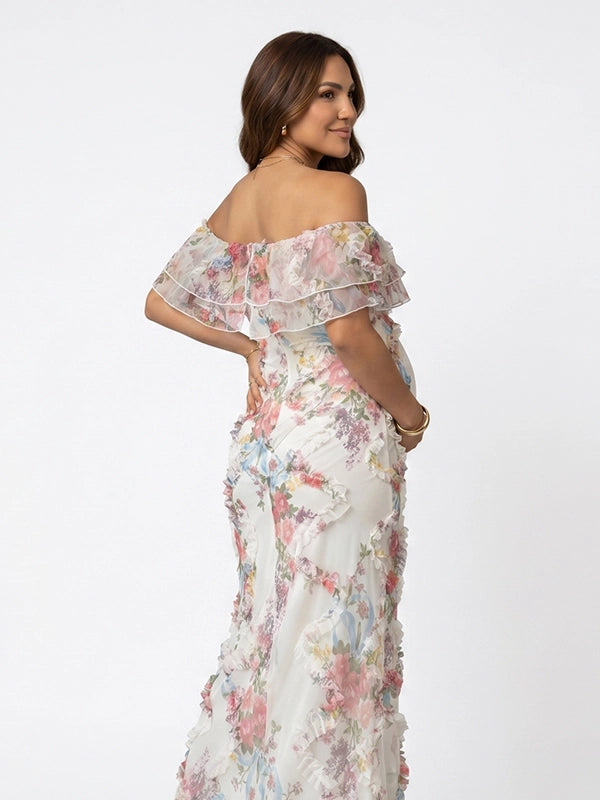 White 3D Floral Ruffled Off Shoulder Maternity Maxi Dress