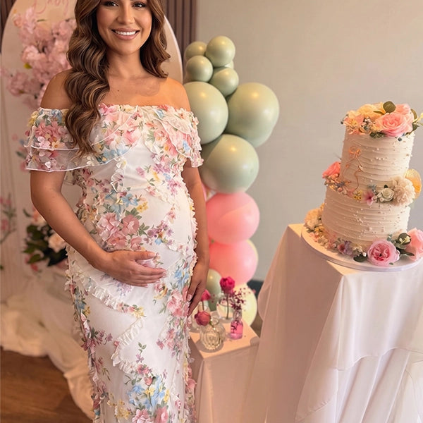 White 3D Floral Ruffled Off Shoulder Maternity Maxi Dress