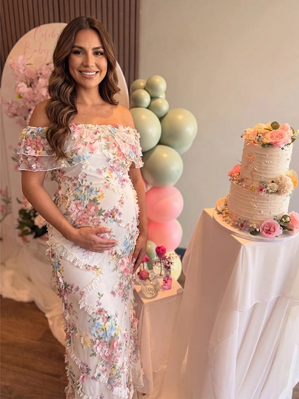 White 3D Floral Ruffled Off Shoulder Maternity Maxi Dress