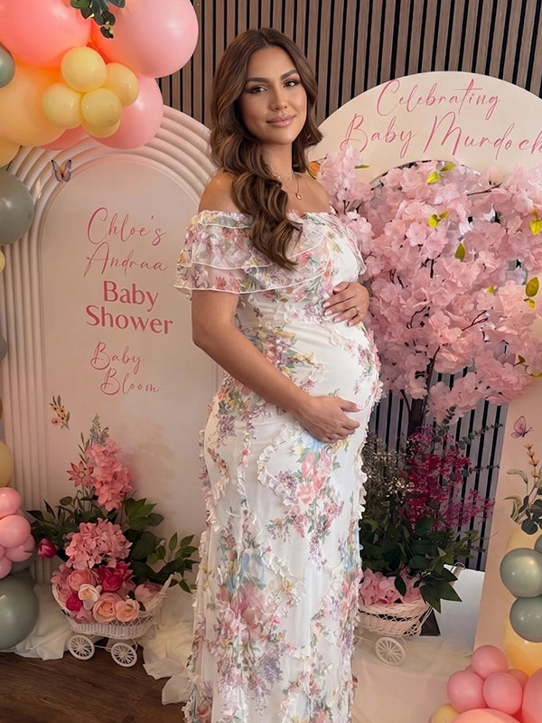 White 3D Floral Ruffled Off Shoulder Maternity Maxi Dress