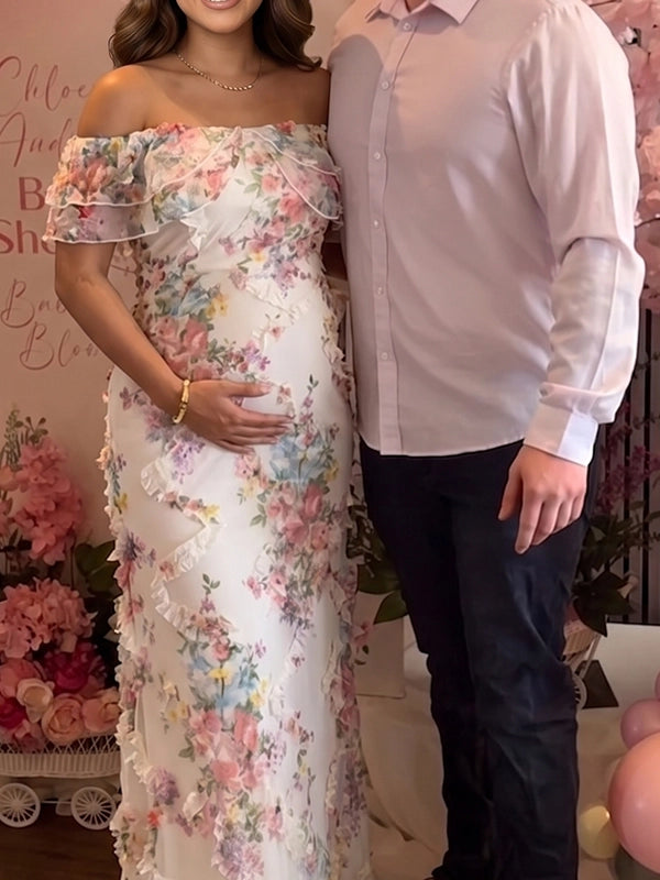 White 3D Floral Ruffled Off Shoulder Maternity Maxi Dress